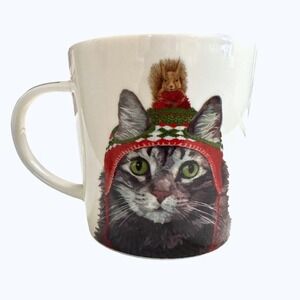 Coffee Mug Cat Squirrel Winter Hat PPD Two Can Art New Bone China Whimsical Cute